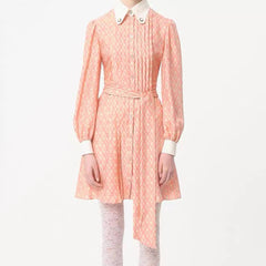 Valentino Women's Summer Checkered Lapel Tie Colorblocking Pleated Short Solid Color Silk Long Sleeve Dresses Ngvp #1255