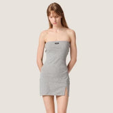 MiuMiu Women's New Arrival Gray Strapless Short Dress With Side Slit Strapless Body Hugging Silhouette Asymmetrical Side Slit Slim Fitting Layering Friendly Dress Lady #197339