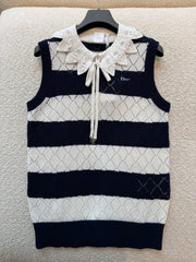 Dior CD 26S Openwork Knit Tank Top Black And White Striped Diamond-patterned Openwork Jacquard Tank Top With Oversized Collar And Bow Lady Vest #196627