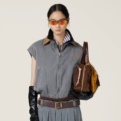 MiuMiu Women's Fall/Winter Logo Printed Splicing Lapel Zipper Closure Sleeveless Vest Jacket #76536