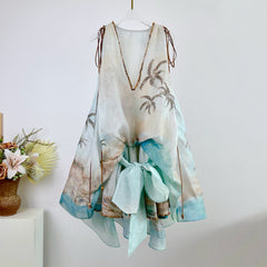 Zimmermann Women's Summer Solid Color Seascape Pattern Printed V-neck Sleeveless Short Dress #77341