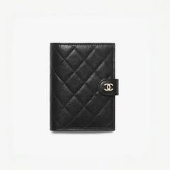 CHANEL Caviar Quilted Passport Holder Black Women's Black Checkered Square Wallet with Gold and Silver Buckles #82319A
