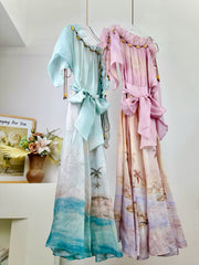 Zimmermann Women's Summer Solid Color Seascape Pattern Printed Silk Linen Ruffle Long Dress #77343