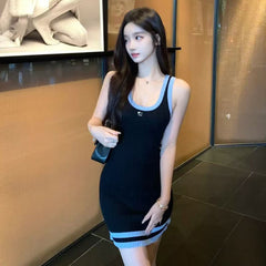 Chanel Women's Spring And Summer Black And Blue Colorblocking Knit Dress Sleeveless Fashion Elegant Slim Dresses #81388