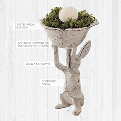 Distressed Antique White Cast Iron Rabbit Bird Feeder