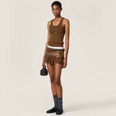MiuMiu 2026 Spring New Arrival Women's Casual Sleeveless Lace-trimmed Fitted Khaki Knit Dress Cocoa Brown Garment-dyed Cotton Tank Top Lady Vest #82985A