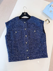 Chanel Women's Spring And Summer Sequins Tweed Single-Breasted Solid Color Round Neck Sleeveless Vest Ngvp #1933