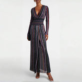 Missoni Women's Sequin Pleated Striped V-Neck Sexy Dress Spring and Autumn Long Sleeve Colorblocking Dresses Ngvp #1845