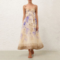 Zimmermann Dawning Picnic Dress Women's Spring And Summer Silk Linen Mid-length Dress Heart-shaped Neckline Spaghetti Straps Large Hem Dress Fashionable Temperament Elegant Luxury Dresses #81131