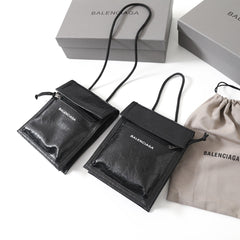 Balenciaga Men's And Women's New Oil Wax Leather Logo Phone Bag Messenger Bag Black Classic Color Mini Wallet Bags #195351