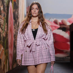 Chanel Women's Spring And Autumn Pink Plaid Flip Collar Single Breasted Thick Tweed Waist Wrapped Long Jacket Dress Ngvp #8527