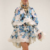 Zimmermann Spring 2026 New Arrivals Alchemy Short Silk-linen Pleated Dress Blue Patchwork Lace Print Elegant Long-sleeve Dress Lady #196840
