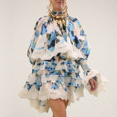Zimmermann Spring 2026 New Arrivals Alchemy Short Silk-linen Pleated Dress Blue Patchwork Lace Print Elegant Long-sleeve Dress Lady #196840
