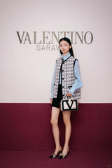 Valentino Women's Spring And Winter Tweed Sequins Check Pattern Solid Color Round Neck Single-Breasted Cotton Wool Blend Sleeveless Pocket Vest Ngvp #2111