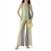 Missoni Women's Spring And Summer Fashion Elegant Colorful Striped Golden Silk Knit Clashing Sleeveless Vest T-shirt Casual Pants Set Suit Ngvp #1758
