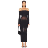 Maygel Coronel Women's New Spring Collection New Year's Gala Stretch-fit Black Knit Dress With Lapel Collar Off-shoulder Design And Gradient Layered Hem Dress Lady #194953