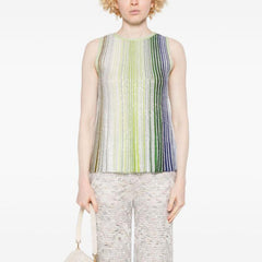 Missoni Women's Spring And Summer Fashion Elegant Colorful Striped Golden Silk Knit Clashing Sleeveless Vest T-shirt Casual Pants Set Suit Ngvp #1758