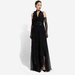 Dolce&Gabbana Women's Floral Detail Pleated Dress 3D Floral Backless Halter Neck Black Longline Sheer Tulle Dress Spring/Summer #192730
