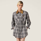 MiuMiu Flannel Mini Skirt Women's Spring/Fall Waist-Defining A-Line Collared Shirt Dress #193304