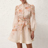 Zimmermann Women's Summer Floral Printed Waistband Lantern Sleeve Long Sleeve Dress #76897