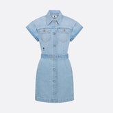 Dior Women's Summer High Street Denim Solid Color Belt Printed Pocket Button Cotton Short Sleeve Shirtdress Dresses #77854