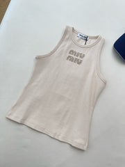 MiuMiu Women's Summer Solid Color Embroidery Beaded Letter Print Round Neck Sleeveless Tank Top Vest #75116
