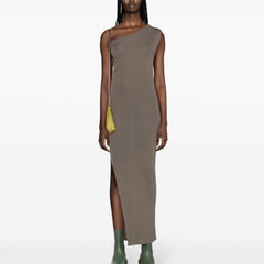 Rick Owens Women's Summer Slant Shoulder Slim Wool Side Slit Sleeveless Solid Color Dresses #81161
