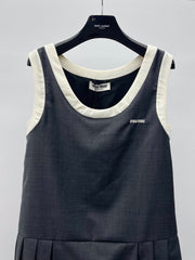 MiuMiuhirt Women's Spring/summer Cotton Gray Dress For Holiday Collection Loose Sleeveless Tank Top Pleated Dress Lady #195139
