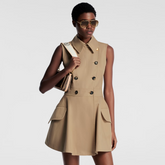 Louis Vuitton Women's Summer Cotton Solid Color Lapel Double Breasted Short Gabardine Waisted Sleeveless Dresses Ngvp #8836