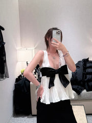 Chanel Women's Bow-Tie Low Round Neck Spring/Summer Solid Color Silk Sleeveless Tank Top Vest Ngvp #2588
