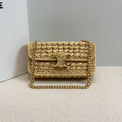 Celine TRIOMPHE Women's Monogrammed Gold Buckle Raffia Woven Solid Color Crossbody Shoulder Bag Bags #76673