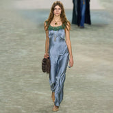 Chloe Women's 26s Grey-blue Satin Lace Dress New Spring/summer Collection Sweet And Elegant Straight-cut Maxi Dress Lady #197367