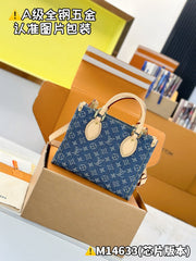 Louis Vuitton OnTheGo Women's Blue Denim Patchwork Cowhide Alphabet Print Shopping Bag Tote Bags #77376