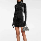 Balenciaga Women's Spring Summer Autumn Straight Solid Color Velvet High Padded Shoulder Slim Long Sleeve Dresses #81186