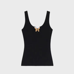 Blumarine Women's Spring And Summer Delicate Butterfly Metal Jewelry Vest Stretch Black Undershirt Fashion Casual Knit Sleeveless Tops Ngvp #8912