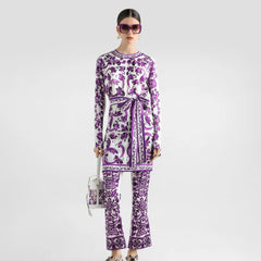 Dolce&Gabbana Women's Spring/Summer Majolica Printed Silk Round Neck Tie-Waist Charmeuse Dresses Casual Solid Color Long Pants Ngvp #2151