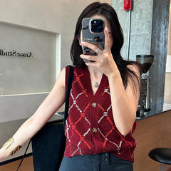 Chanel Women's Spring and Autumn Plaid Cashmere Crochet Two-color Knit Single-breasted Vest Jacket #73197