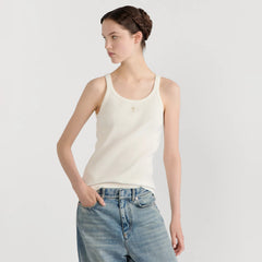 Dior Women's Spring And Summer Beige Ribbed Cotton Blend Plain Knit Fabric Gold Bee Embroidery Sleeveless Camisole Vest Lady Top #194946