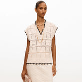 Chanel 26P Series Openwork Knit Tank Top for Women Early Spring Black & White Color-Blocked Fashionable Resort Wear V-Neck Sleeveless Knit Tank Top Lady Vest #195624