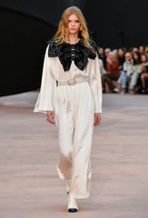 Chanel Women's Spring/Summer Bow-Tie Bell-Sleeve Silk Evening Dress Ivory Bell-Sleeve Elegant Vintage-Chic Dress Three-Dimensional Collar with Black Panel Detail Long-Length Fashionable Banquet Gown Lady #195411
