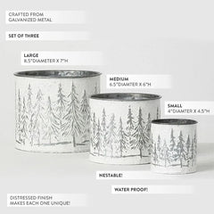 Snowy Tree Embossed Metal Christmas Planters, Set of 3