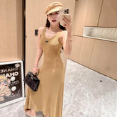 Prada Women's Summer Gilt V-Neck Knit Halter Long Dresses #72456