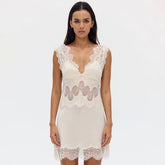 Third Form Women's Spring/summer Champagne-colored Elegant Patchwork Lace V-neck Short Dress Lady Dress #196567