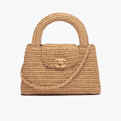 Chanel Mini Shopping Bag Braided Raffia Gold Tone Metal Dark Beige Stylish Knitted Clutch Bag Exquisite Handbag #82382A