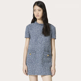 Valentino Women's Spring And Summer Fashion Tweed Round Neck Dress Buttons Fit Casual Elegant Short-sleeved Dresses Ngvp #8938