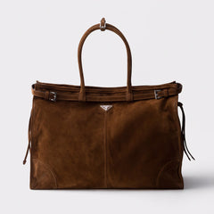 Prada Men's Bonnie Cowhide Tote Bag Suede Tote Bag Handbag Fashionable Belt Buckle Large Bags #84126A