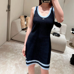 Chanel Women's Spring And Summer Black And Blue Colorblocking Knit Dress Sleeveless Fashion Elegant Slim Dresses #81388
