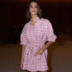 Chanel Women's Spring And Autumn Pink Plaid Flip Collar Single Breasted Thick Tweed Waist Wrapped Long Jacket Dress Ngvp #8527
