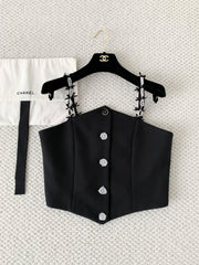 Chanel Women's Spring/Summer Waist-Defining Pearl Bow-Tie Strapless Tank Top Vest With Single-Breasted Corset-Style Front #192783