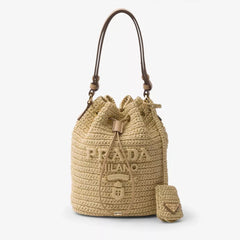 Prada Women's Logo Embroidered Adjustable Detachable Shoulder Strap Lafite Grass Patchwork Leather Bucket Bag Mini Handheld One Shoulder Crossbody Bag Bags #196301